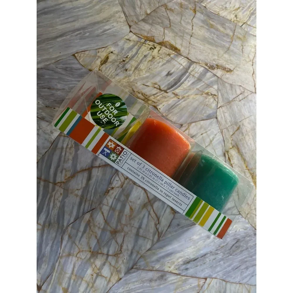 Patio Companion Set of‎ 2 Citronella Pillar Candles Orange Teal Outdoor Use